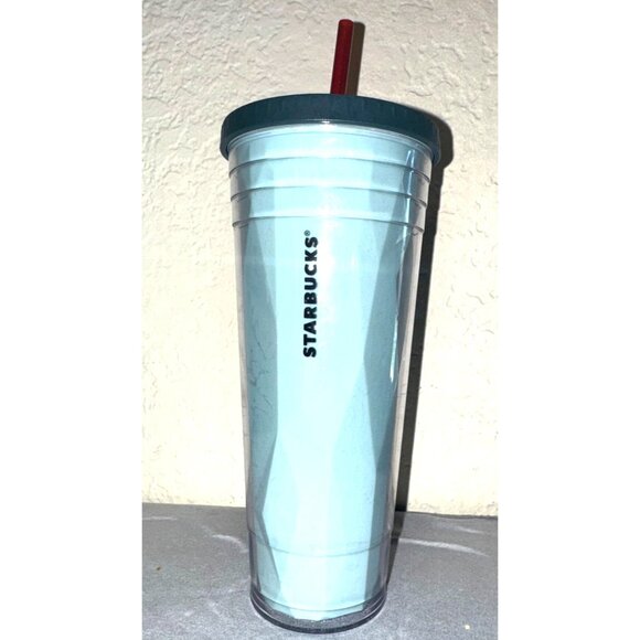 Starbucks 24 Oz Light Blue Diamond Pattern Tumbler With Lid & Red Straw - Picture 2 of 11